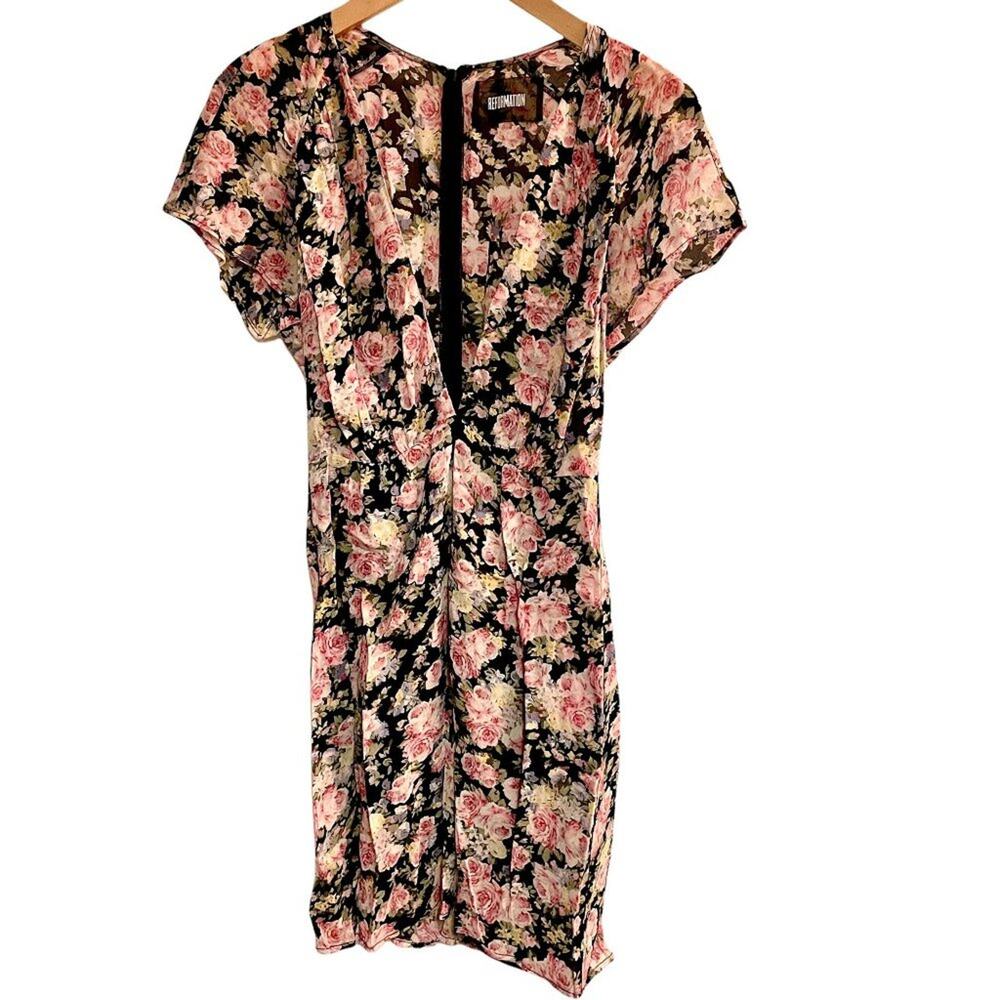 Reformation Plunging Floral Mini Dress Pink Roses